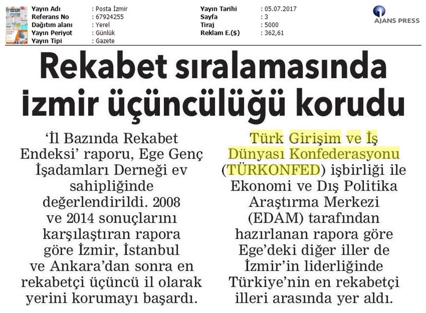 TÜRKONFED Egiad Izmir Rekabet Endeksi Toplantısı Son Medya Yansimalari 5 Temmuz 2017 - 8
