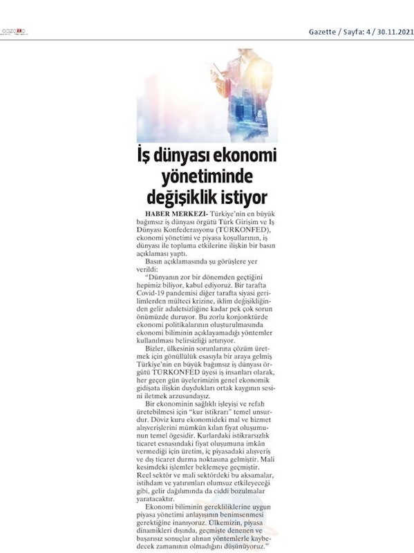 TÜRKONFED Ekonomi Basin Aciklamasi 29 Kasim 2021 - 16