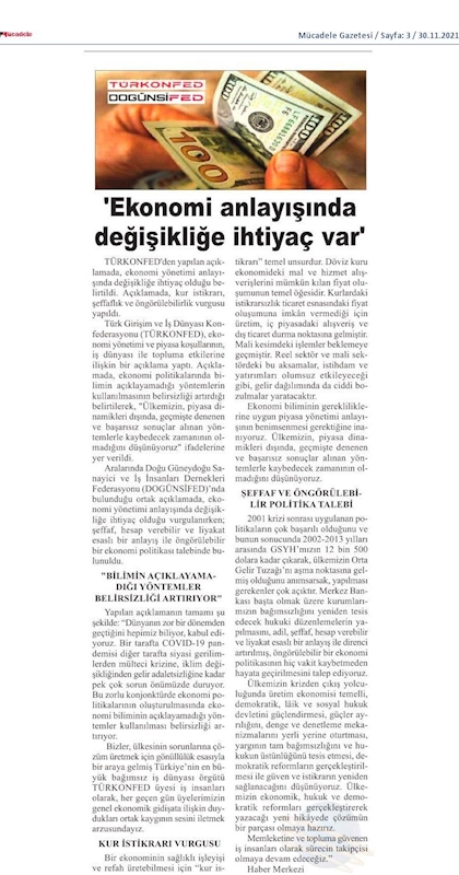 TÜRKONFED Ekonomi Basin Aciklamasi 29 Kasim 2021 - 17