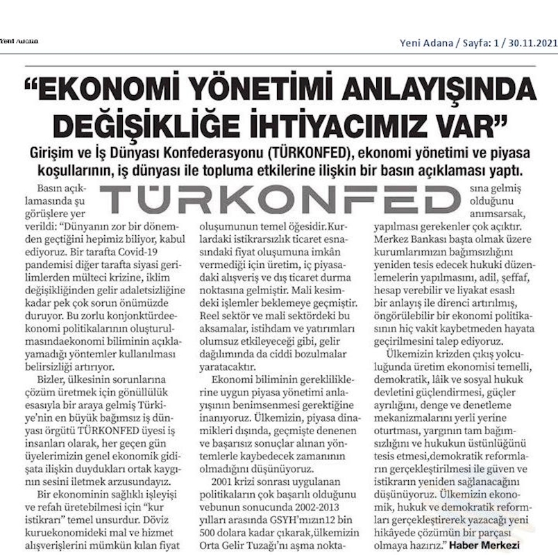 TÜRKONFED Ekonomi Basin Aciklamasi 29 Kasim 2021 - 18