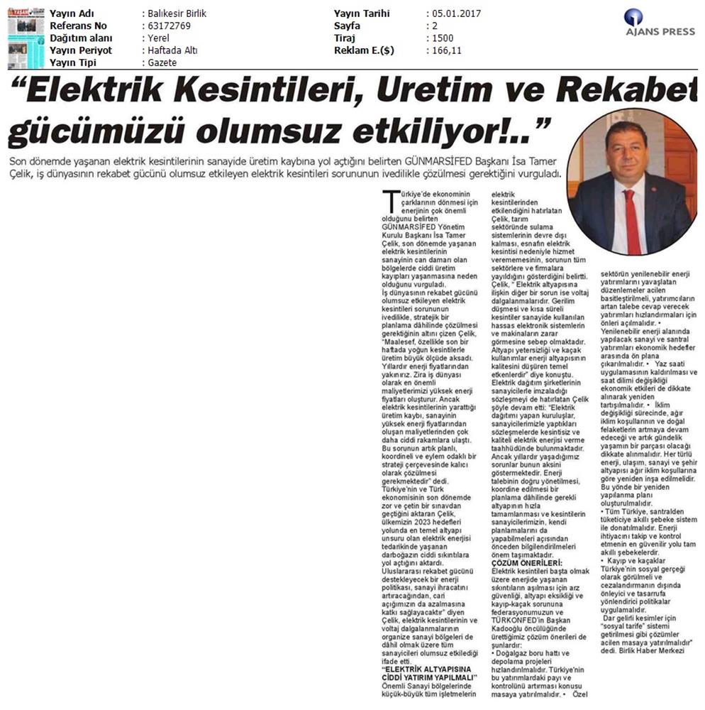 TÜRKONFED Elektrik Kesintileri Basin Aciklamasi Medya Yansimalari 5 Ocak 2017 - 1