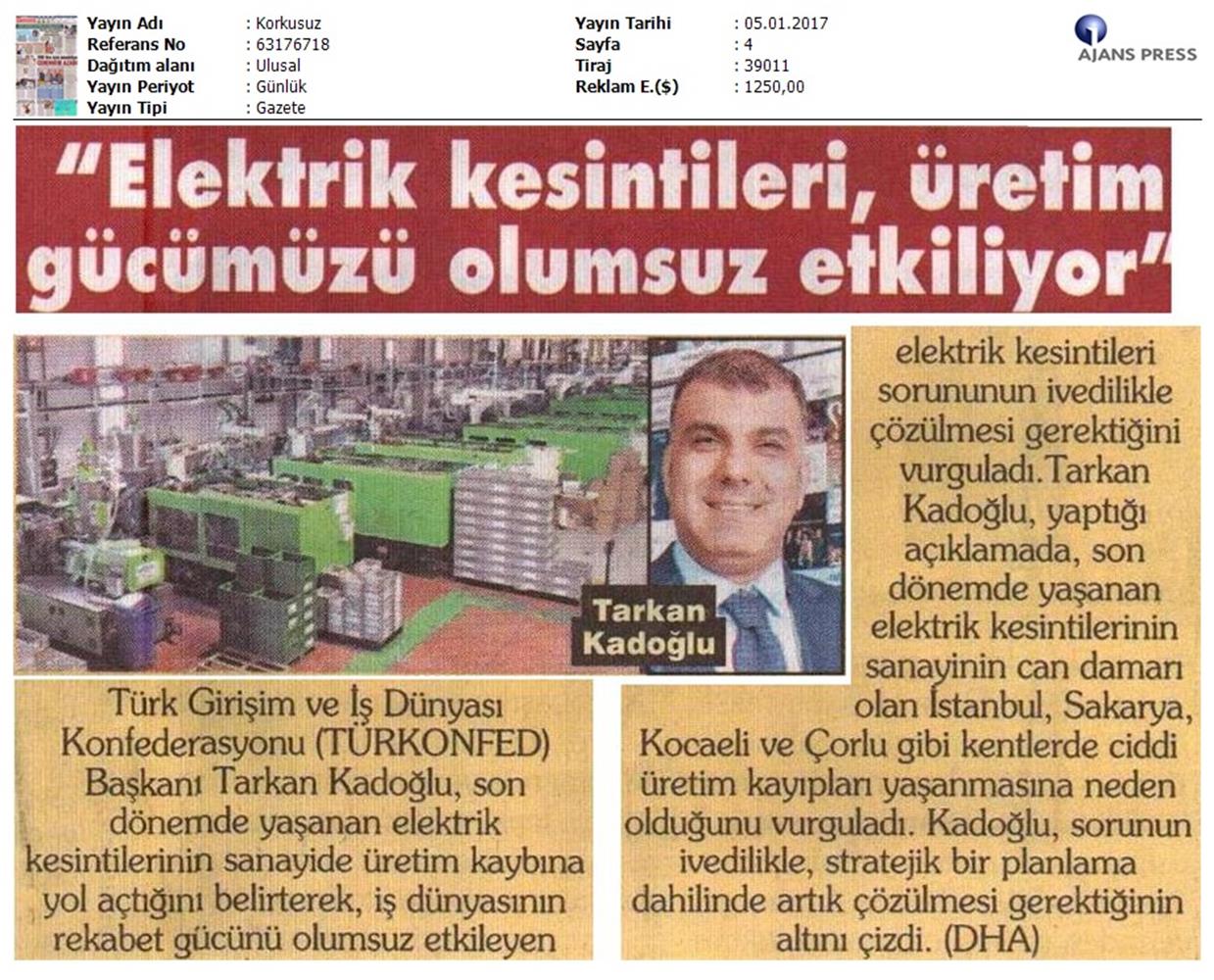 TÜRKONFED Elektrik Kesintileri Basin Aciklamasi Medya Yansimalari 5 Ocak 2017 - 2