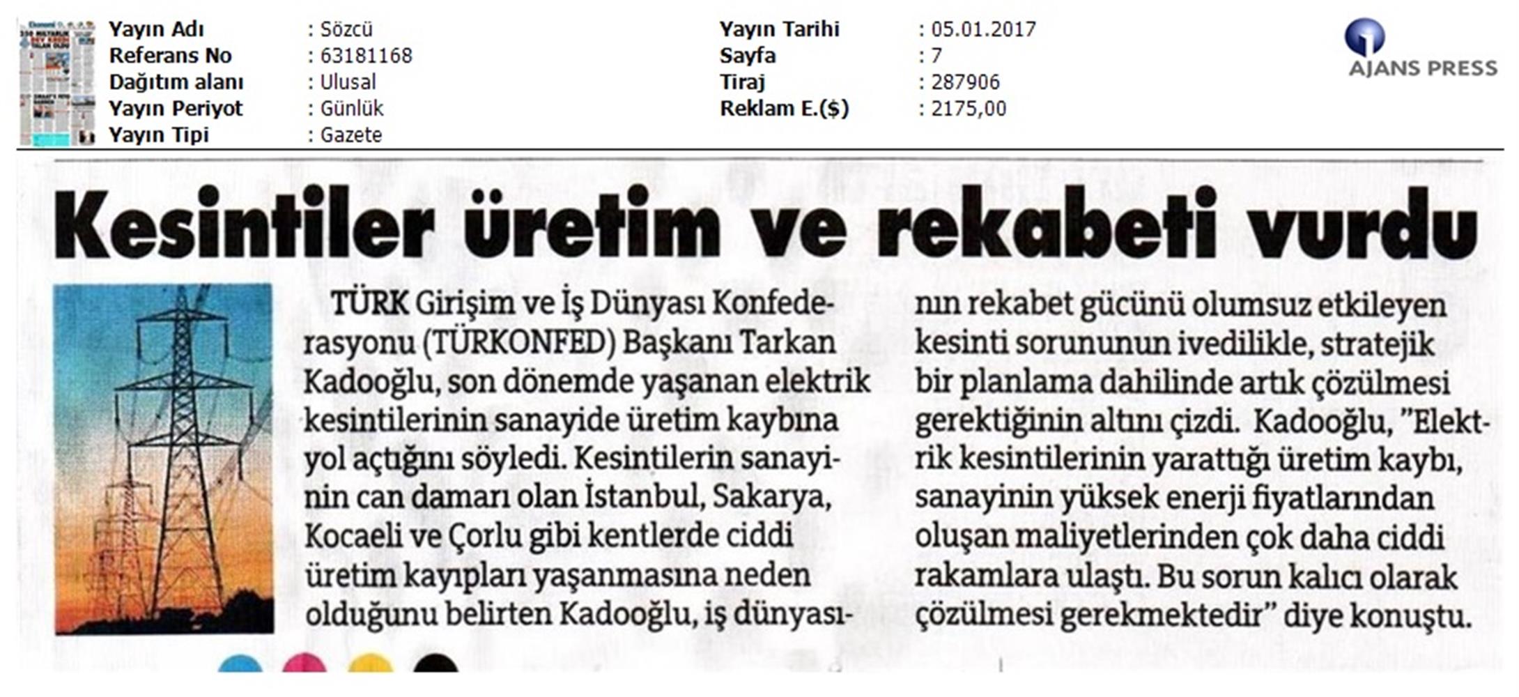 TÜRKONFED Elektrik Kesintileri Basin Aciklamasi Medya Yansimalari 5 Ocak 2017 - 4