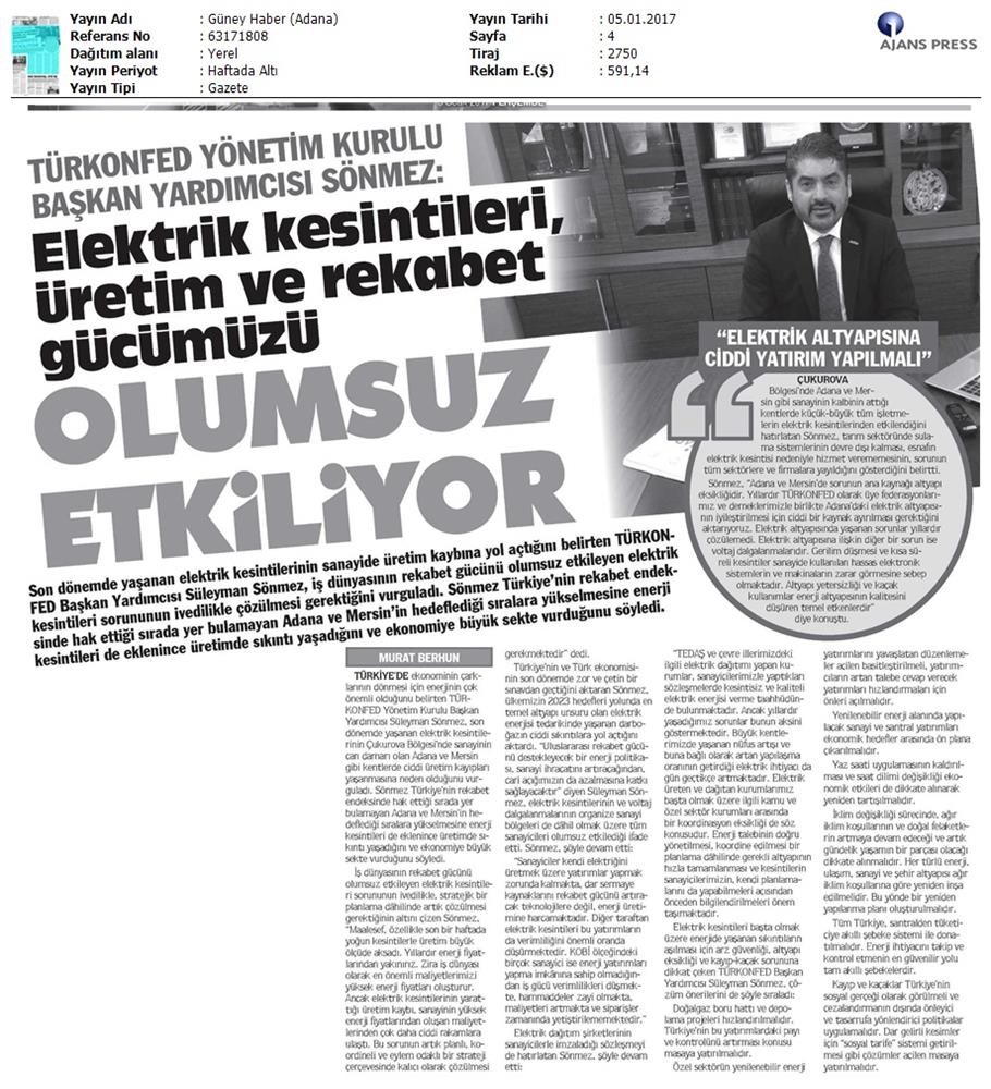 TÜRKONFED Elektrik Kesintileri Basin Aciklamasi Medya Yansimalari 5 Ocak 2017 - 5