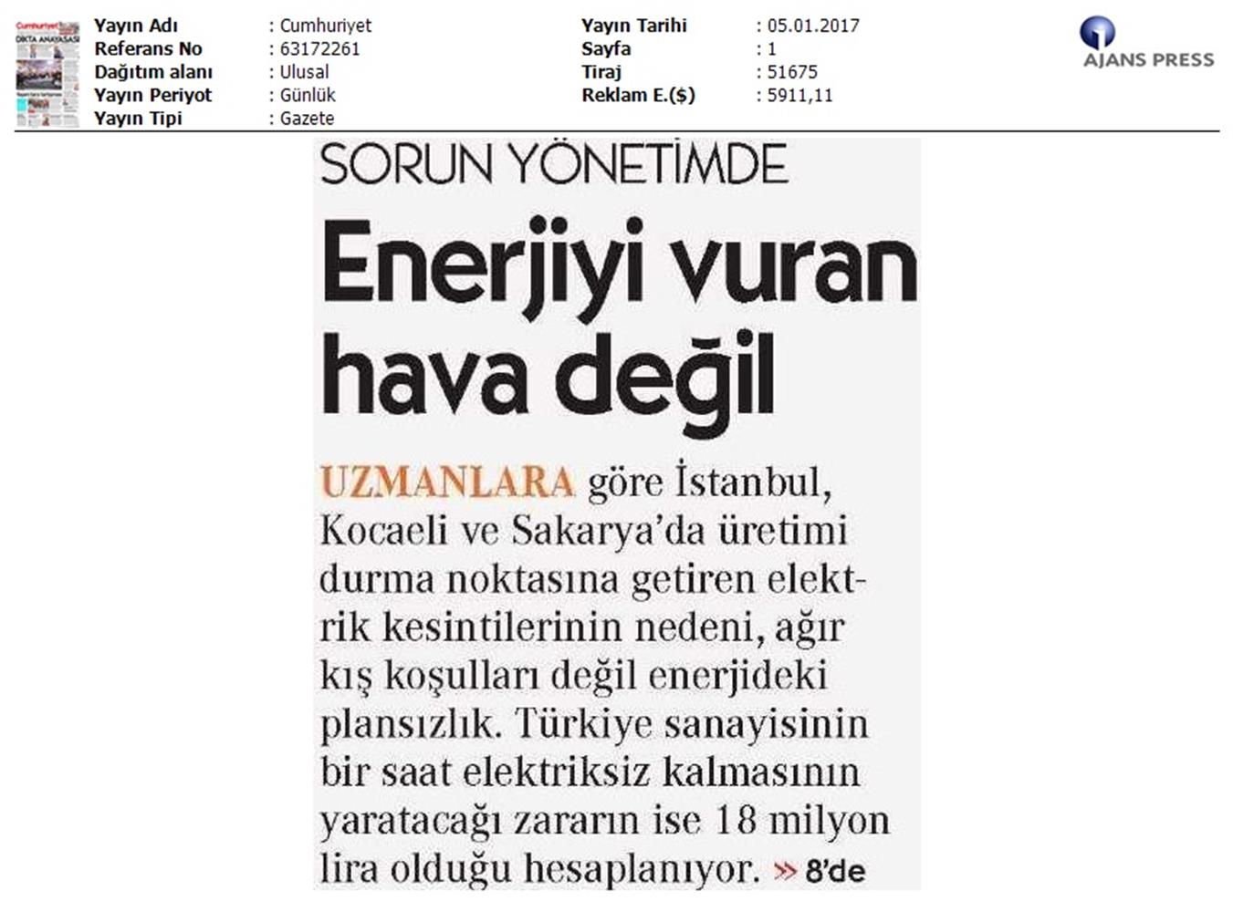TÜRKONFED Elektrik Kesintileri Basin Aciklamasi Medya Yansimalari 5 Ocak 2017 - 8