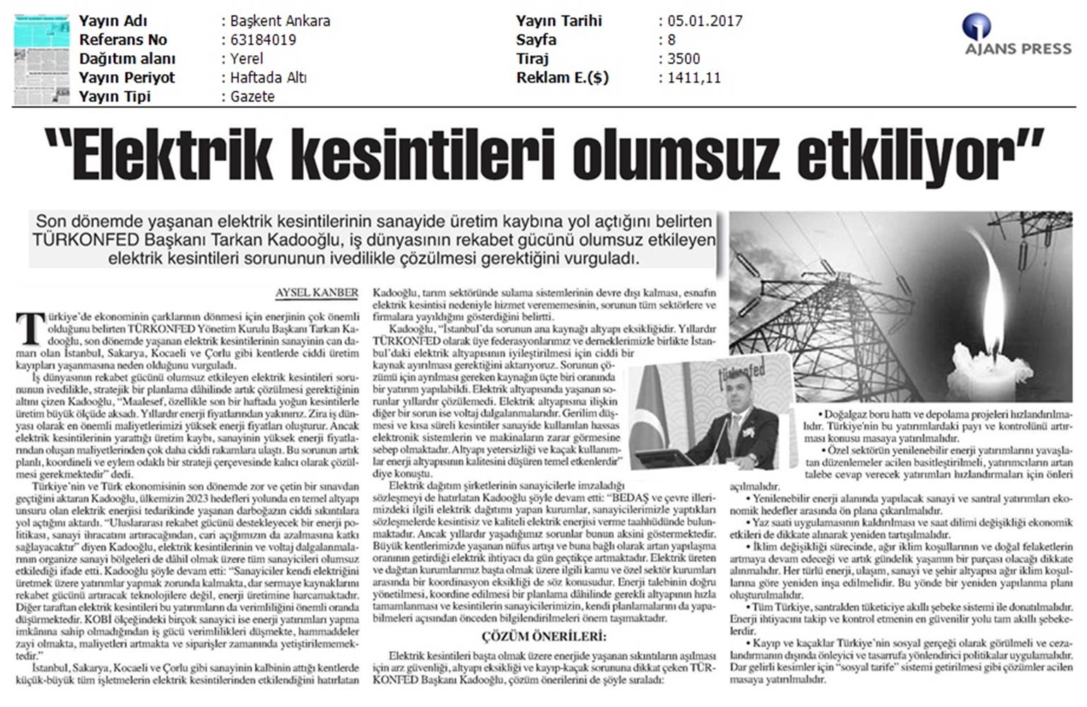 TÜRKONFED Elektrik Kesintileri Basin Aciklamasi Medya Yansimalari 5 Ocak 2017 - 11