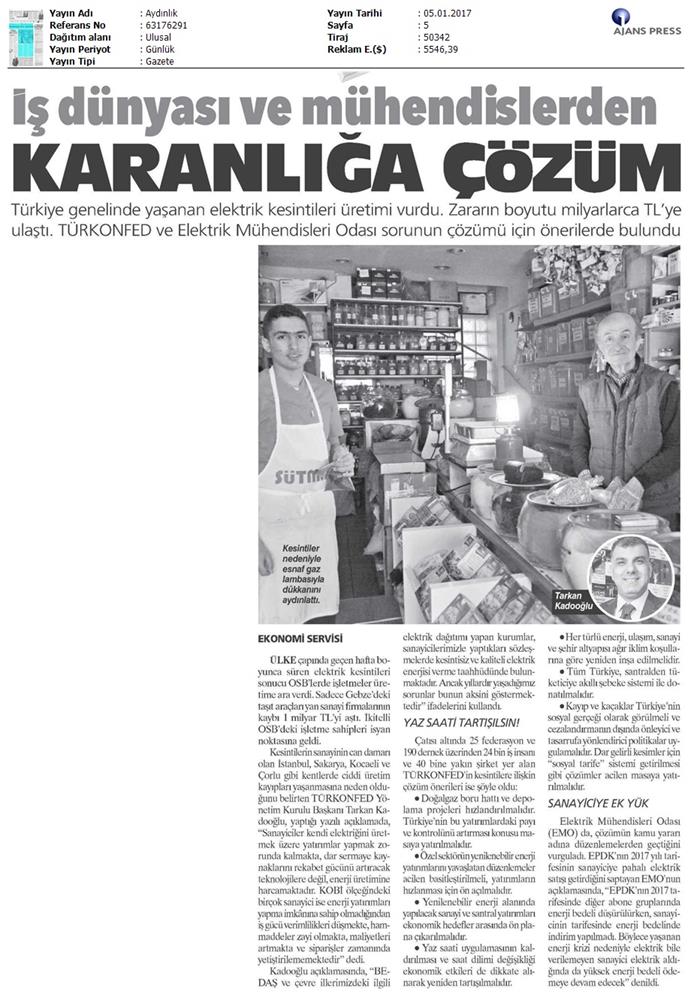 TÜRKONFED Elektrik Kesintileri Basin Aciklamasi Medya Yansimalari 5 Ocak 2017 - 12