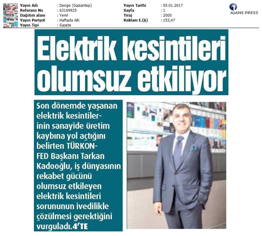 TÜRKONFED Elektrik Kesintileri Basin Aciklamasi Medya Yansimalari 5 Ocak 2017 - 13