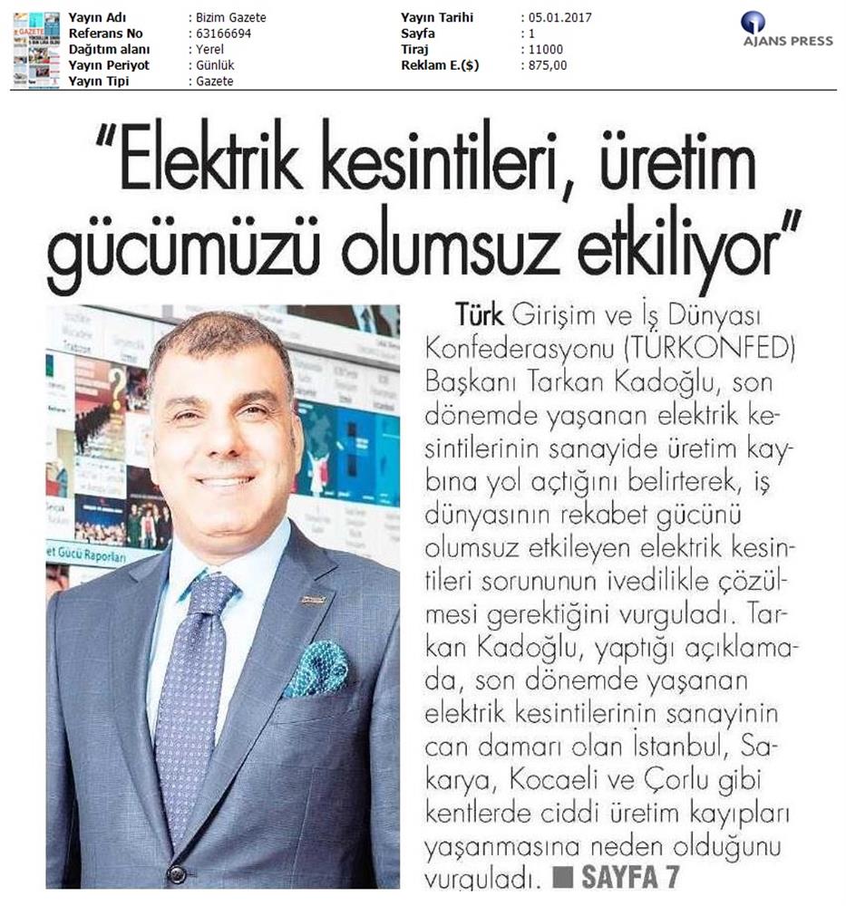 TÜRKONFED Elektrik Kesintileri Basin Aciklamasi Medya Yansimalari 5 Ocak 2017 - 17