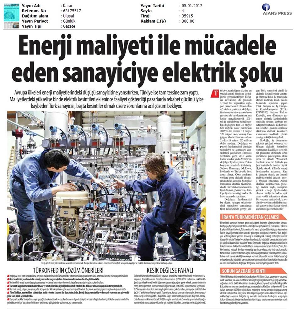 TÜRKONFED Elektrik Kesintileri Basin Aciklamasi Medya Yansimalari 5 Ocak 2017 - 18