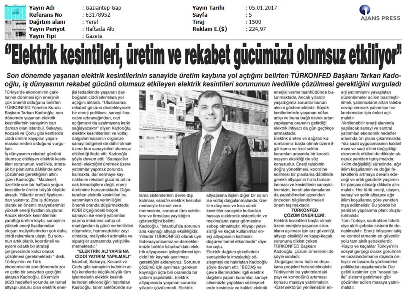 TÜRKONFED Elektrik Kesintileri Basin Aciklamasi Medya Yansimalari 5 Ocak 2017 - 20