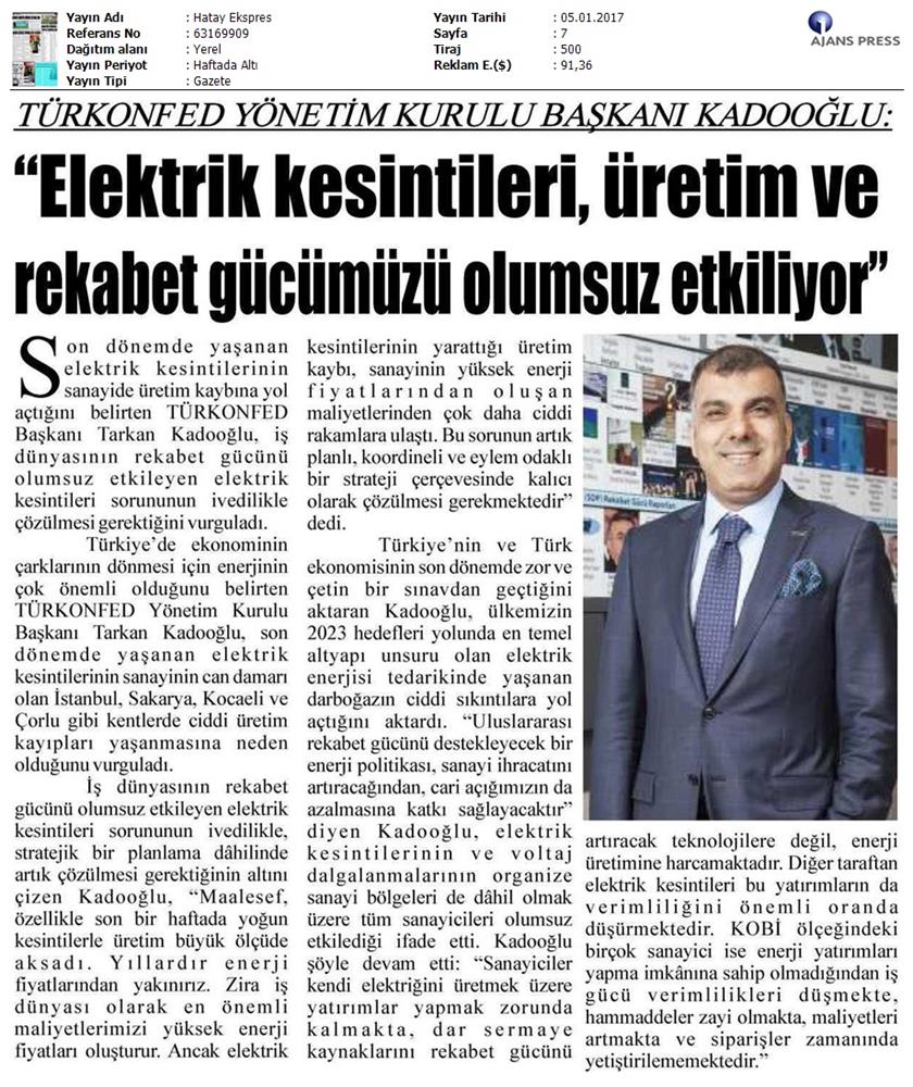 TÜRKONFED Elektrik Kesintileri Basin Aciklamasi Medya Yansimalari 5 Ocak 2017 - 21