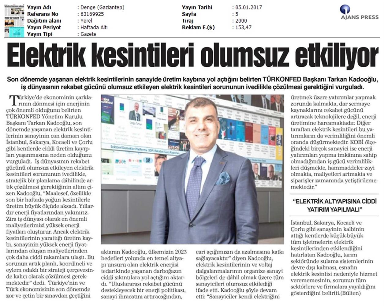 TÜRKONFED Elektrik Kesintileri Basin Aciklamasi Medya Yansimalari 5 Ocak 2017 - 22