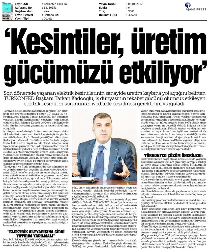 TÜRKONFED Elektrik Kesintileri Basin Aciklamasi Medya Yansimalari 5 Ocak 2017 - 23