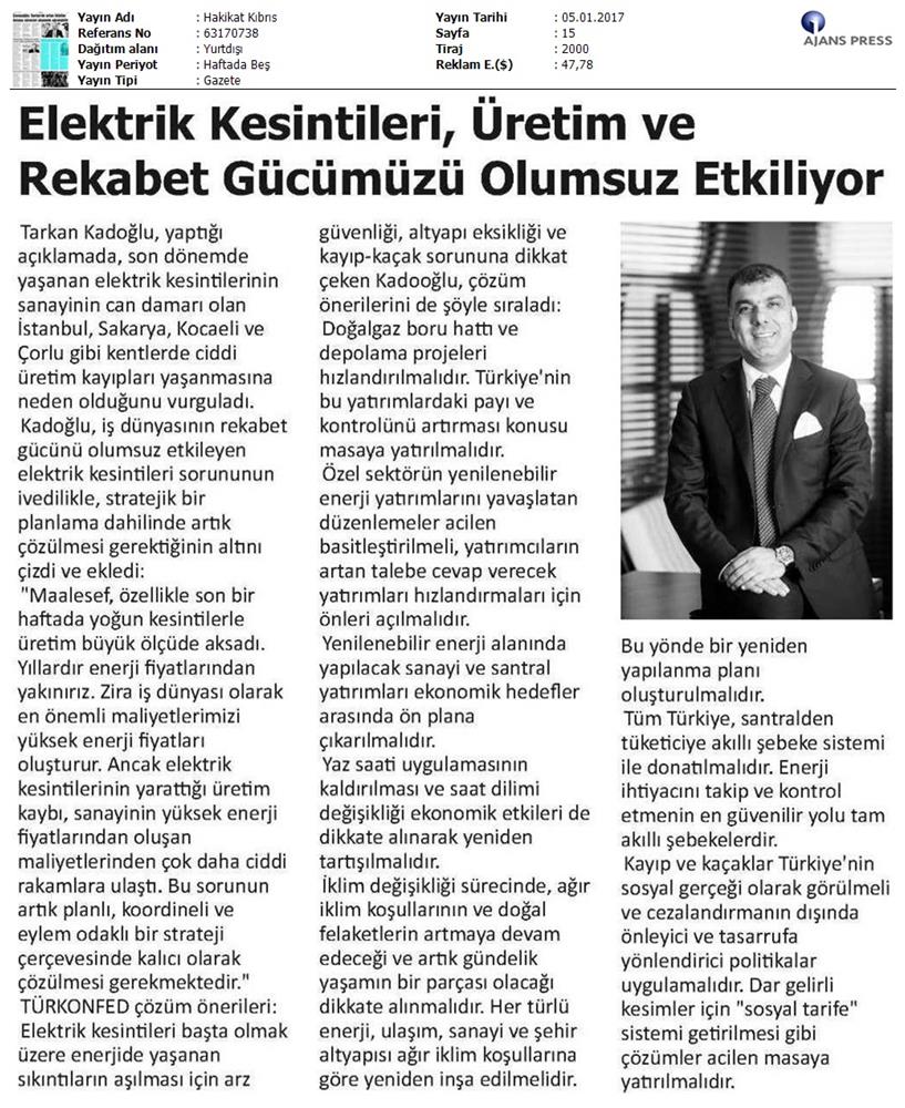 TÜRKONFED Elektrik Kesintileri Basin Aciklamasi Medya Yansimalari 5 Ocak 2017 - 24