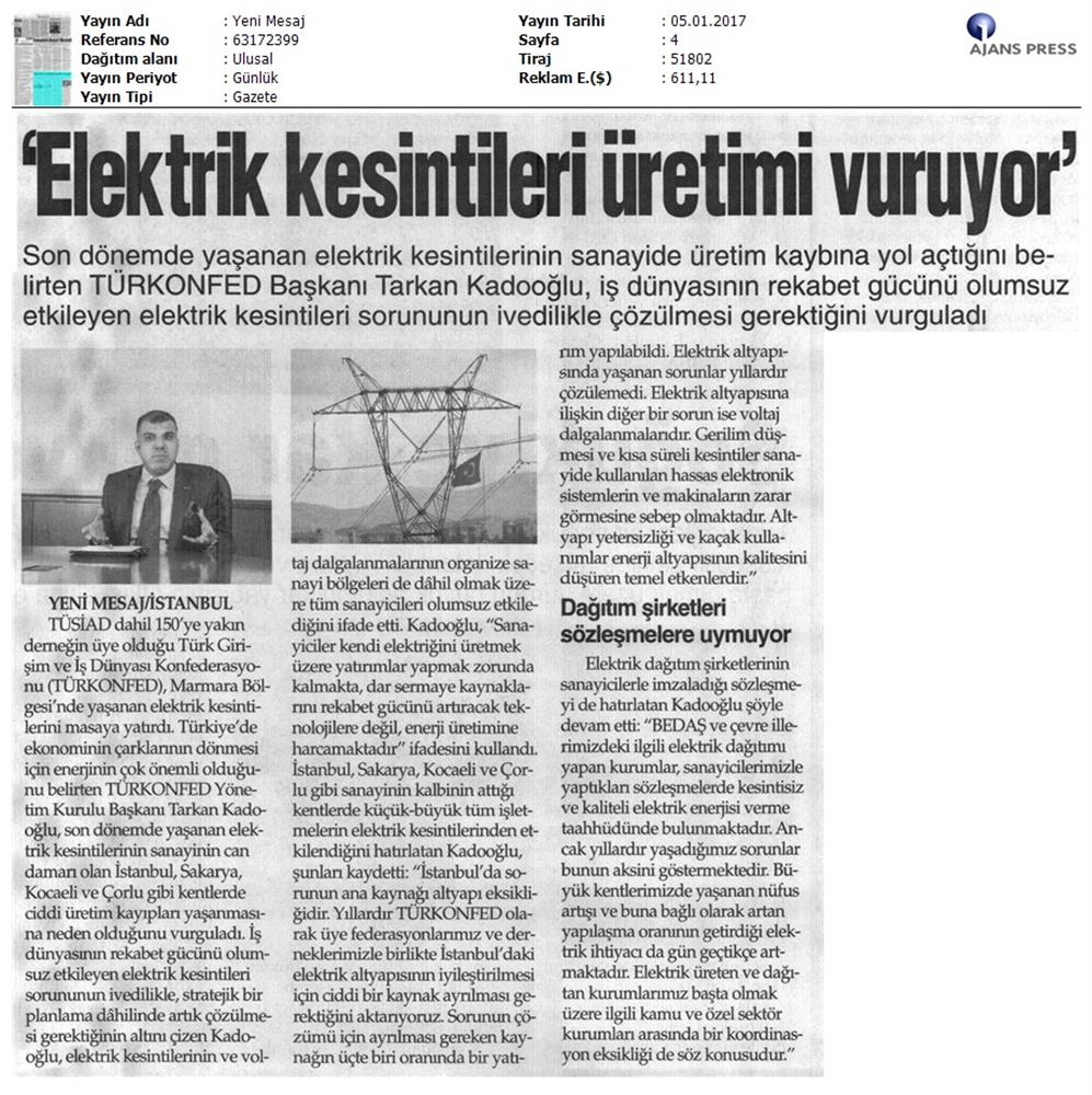 TÜRKONFED Elektrik Kesintileri Basin Aciklamasi Medya Yansimalari 5 Ocak 2017 - 25