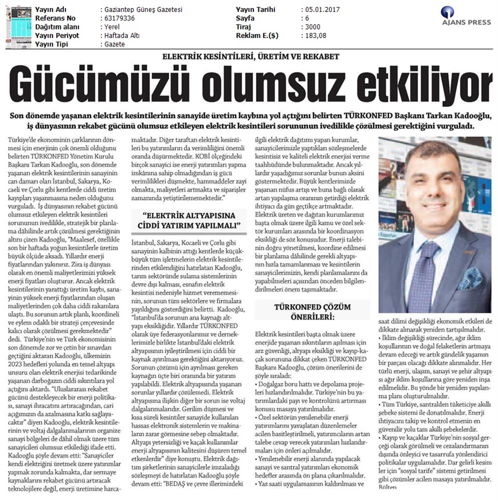 TÜRKONFED Elektrik Kesintileri Basin Aciklamasi Medya Yansimalari 5 Ocak 2017 - 26