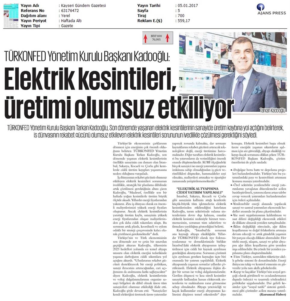 TÜRKONFED Elektrik Kesintileri Basin Aciklamasi Medya Yansimalari 5 Ocak 2017 - 30