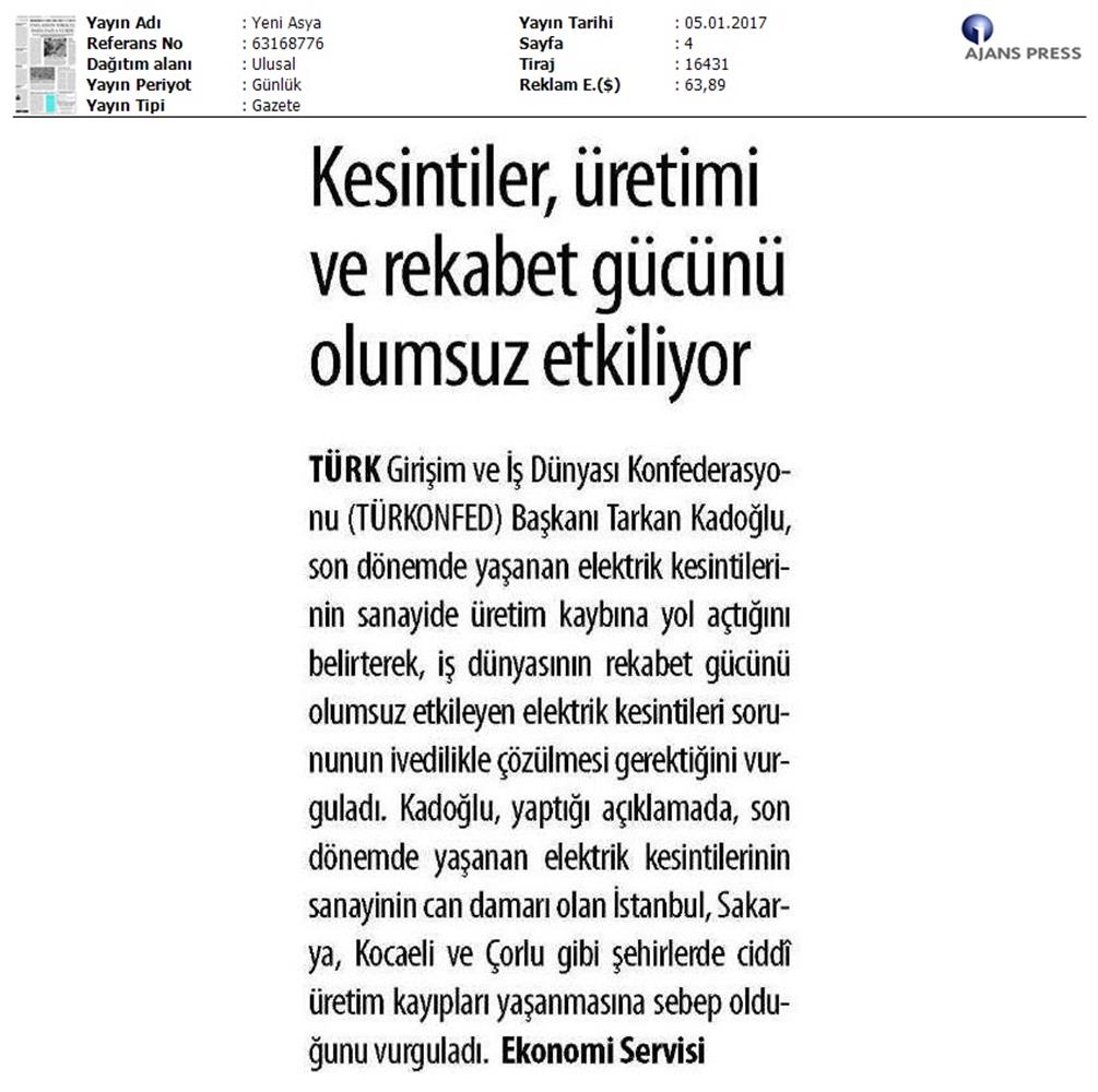 TÜRKONFED Elektrik Kesintileri Basin Aciklamasi Medya Yansimalari 5 Ocak 2017 - 31