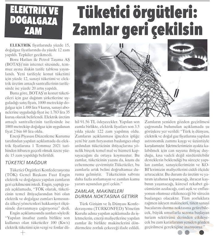 TÜRKONFED Elektrik Ve Dogal Gaz Zamlarina Iliskin Basin Aciklamasi Basin Yansimalari 1 Temmuz 2021 - 1