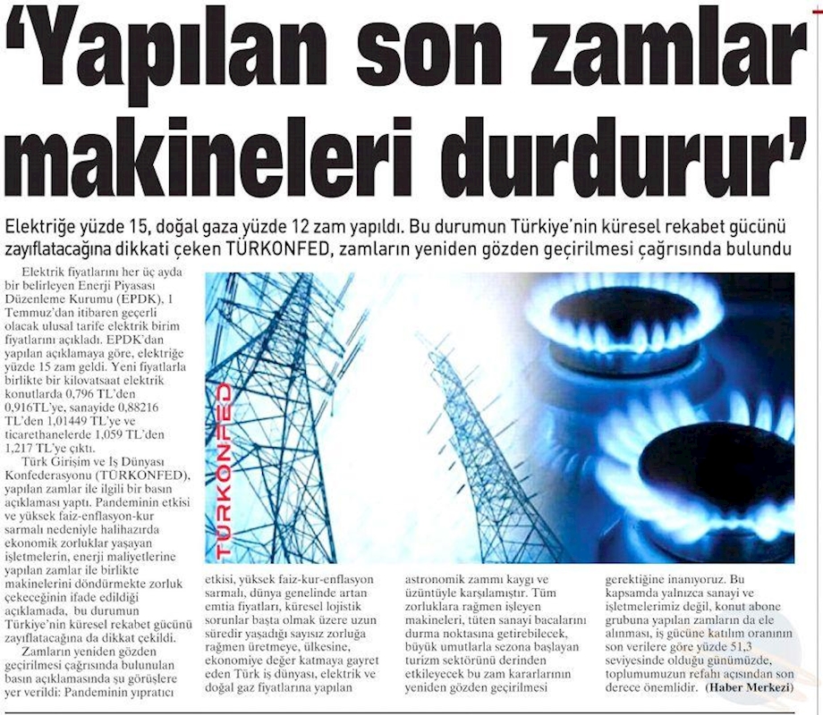 TÜRKONFED Elektrik Ve Dogal Gaz Zamlarina Iliskin Basin Aciklamasi Basin Yansimalari 1 Temmuz 2021 - 19