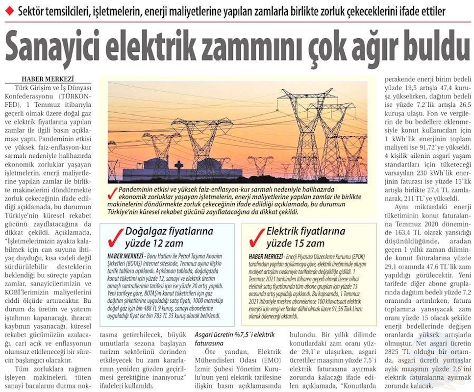 TÜRKONFED Elektrik Ve Dogal Gaz Zamlarina Iliskin Basin Aciklamasi Basin Yansimalari 1 Temmuz 2021 - 21
