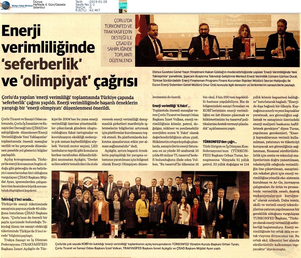 TÜRKONFED Enerji Verimliligine Yeni Yaklasimlar Toplantısı Medya Yansimalari 25 Ocak 2019 Corlu - 1
