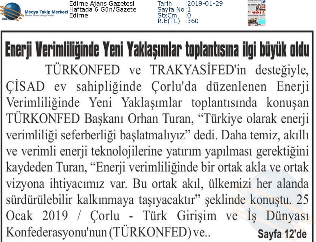 TÜRKONFED Enerji Verimliligine Yeni Yaklasimlar Toplantısı Medya Yansimalari 25 Ocak 2019 Corlu - 2