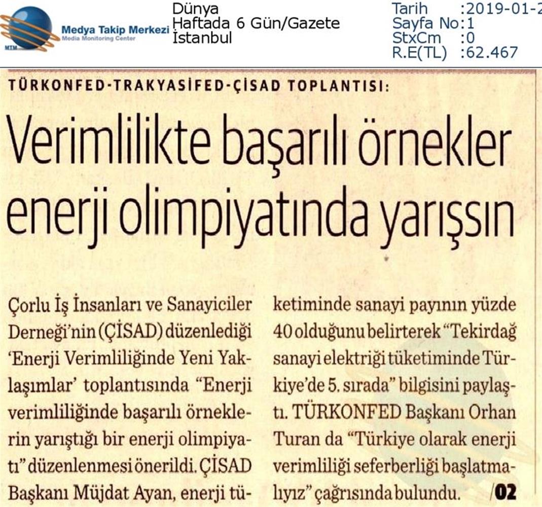 TÜRKONFED Enerji Verimliligine Yeni Yaklasimlar Toplantısı Medya Yansimalari 25 Ocak 2019 Corlu - 9