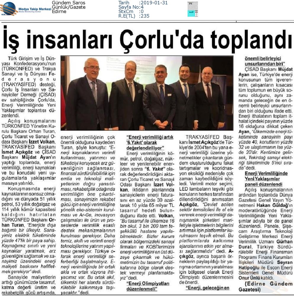 TÜRKONFED Enerji Verimliligine Yeni Yaklasimlar Toplantısı Medya Yansimalari 25 Ocak 2019 Corlu - 20