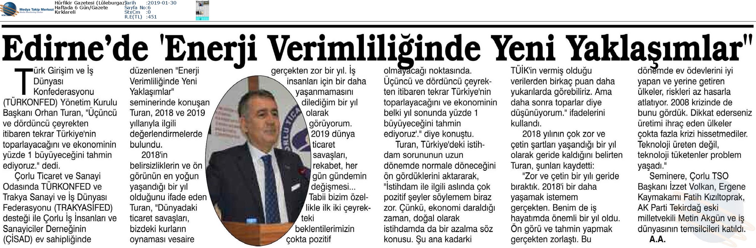 TÜRKONFED Enerji Verimliligine Yeni Yaklasimlar Toplantısı Medya Yansimalari 25 Ocak 2019 Corlu - 25