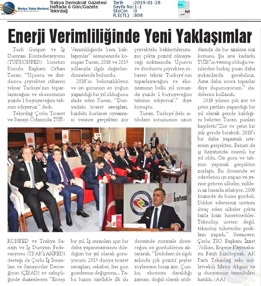 TÜRKONFED Enerji Verimliligine Yeni Yaklasimlar Toplantısı Medya Yansimalari 25 Ocak 2019 Corlu - 26