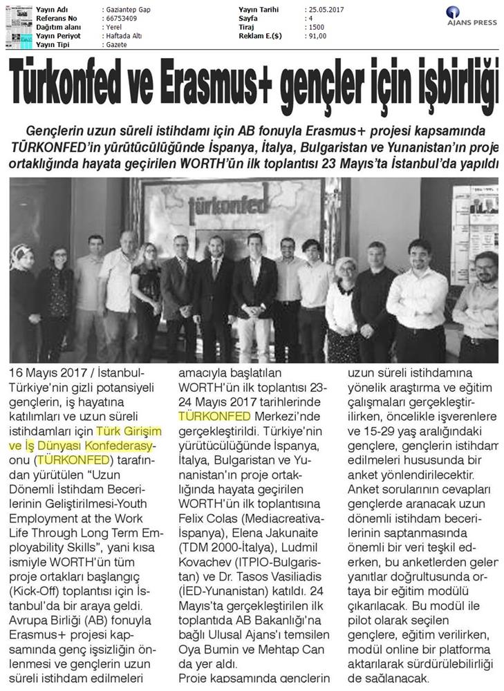 TÜRKONFED Erasmus Worth Projesi Basin Yansimalari 25 Mayis 2017 - 5