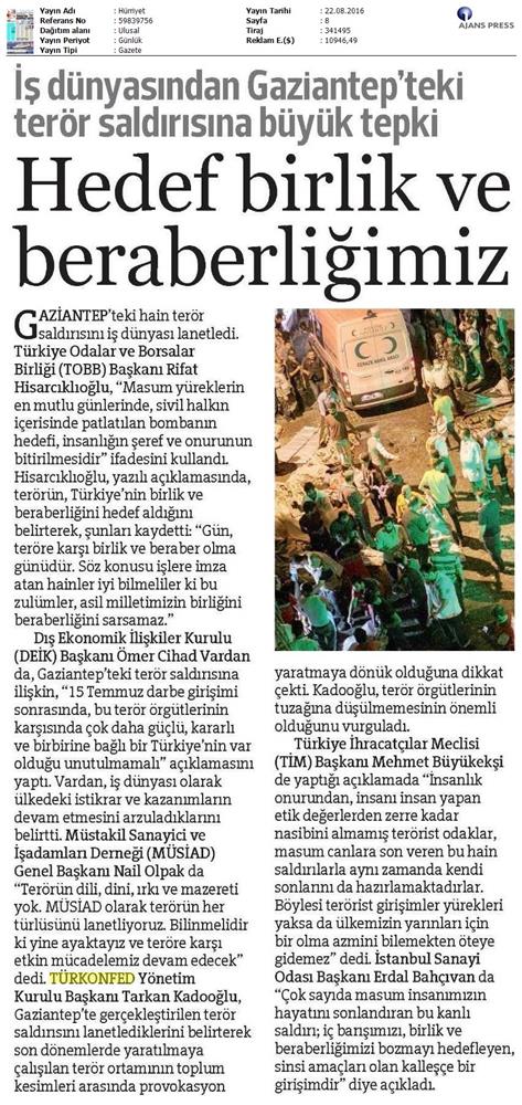 TÜRKONFED Gaziantep Teror Saldirisi Kinama Mesaji 22 Agustos 2016 - 10