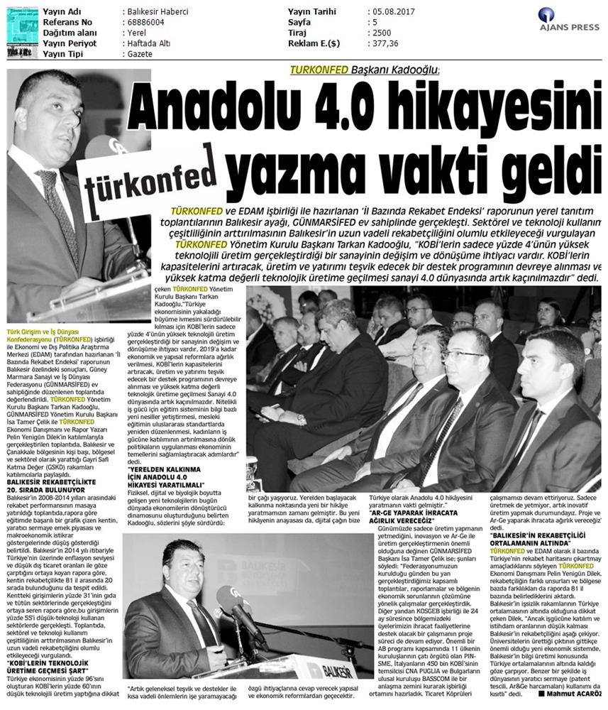 TÜRKONFED Gunmarsifed Türkiye Icin Bir Rekabet Endeksi Rapor Tanitim Toplantısı Medya Yansimalari 5 Agustos 2017 - 11