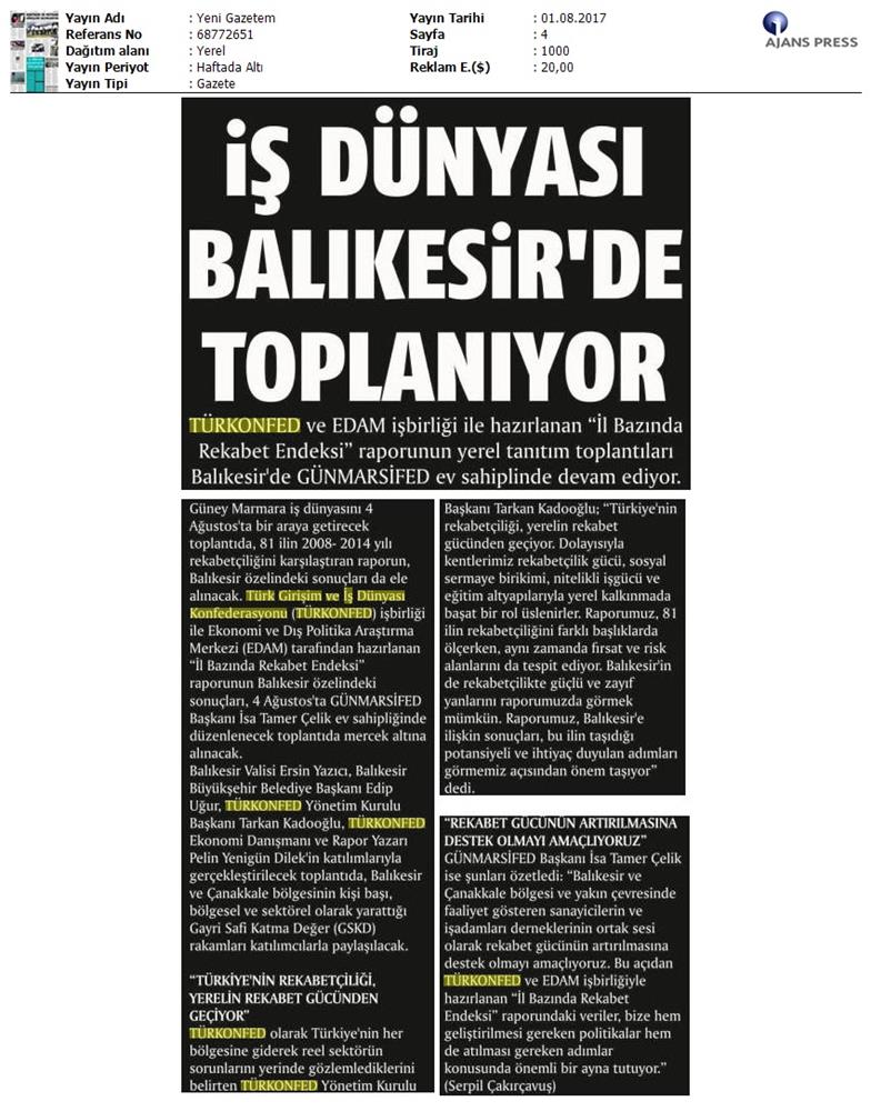 TÜRKONFED Gunmarsifed Türkiye Icin Bir Rekabet Endeksi Rapor Tanitim Toplantısı Medya Yansimalari 5 Agustos 2017 - 22