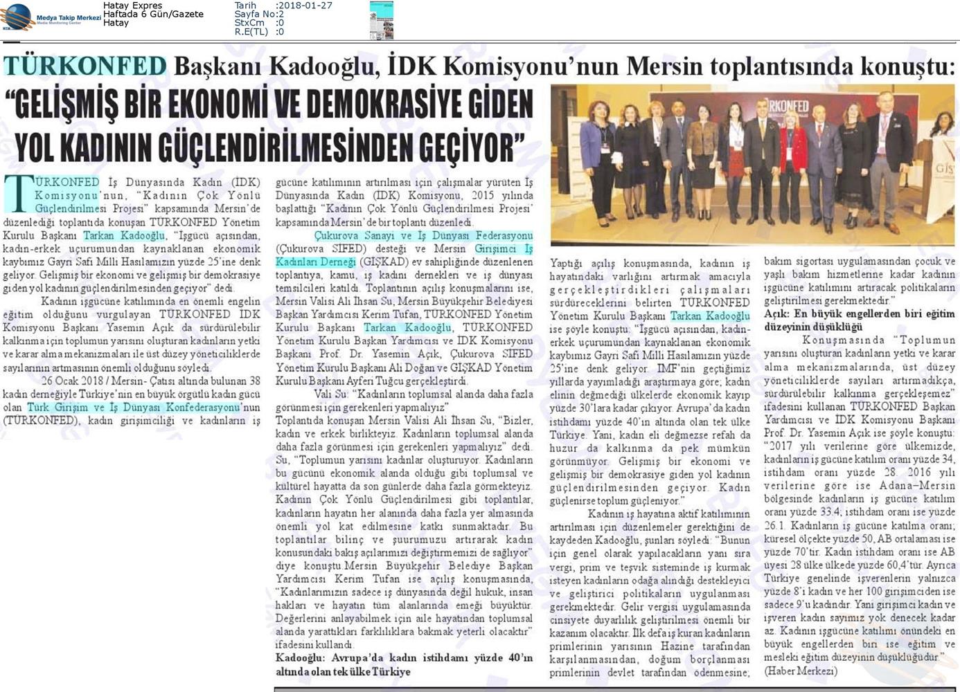 TÜRKONFED İDK Giskad Kadinin Cok Yonlu Guclendirilmesi Projesi Mersin Toplantısı Medya Yansimalari 26 Ocak 2018 Mersin - 7