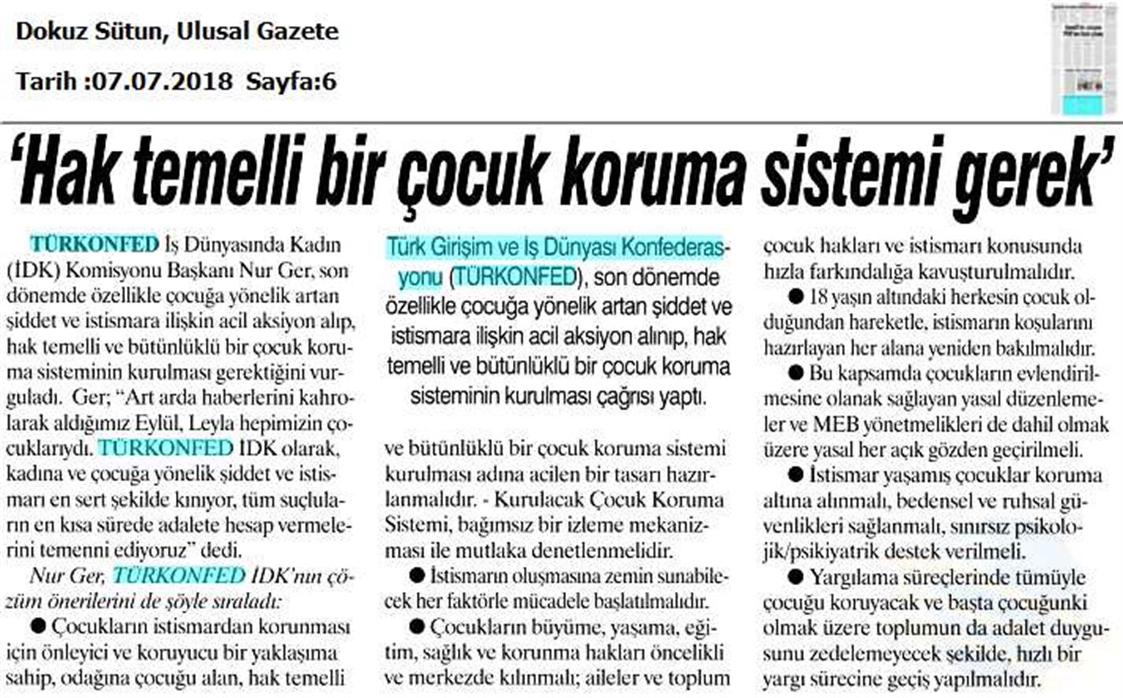 TÜRKONFED İDK Başkani Nur Ger Den Cocuk Istismari Ve Siddetine Yonelik Aciklama 07 Temmuz 2018 - 7