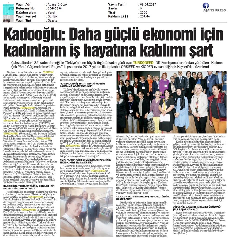TÜRKONFED İDK Kadinin Cok Yonlu Guclendirilmesi Projesi Kayseri Toplantısı Medya Yansimalari 2 8 9 Nisan 2017 - 8