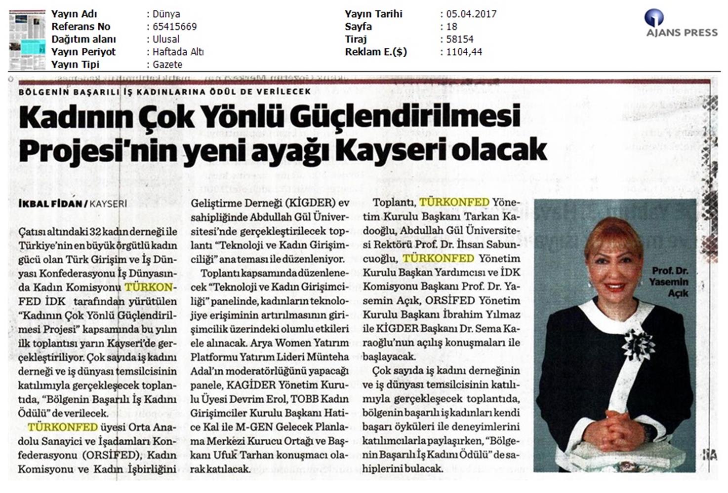 TÜRKONFED İDK Kadinin Cok Yonlu Guclendirilmesi Projesi Kayseri Toplantısı Medya Yansimalari 2 8 9 Nisan 2017 - 19