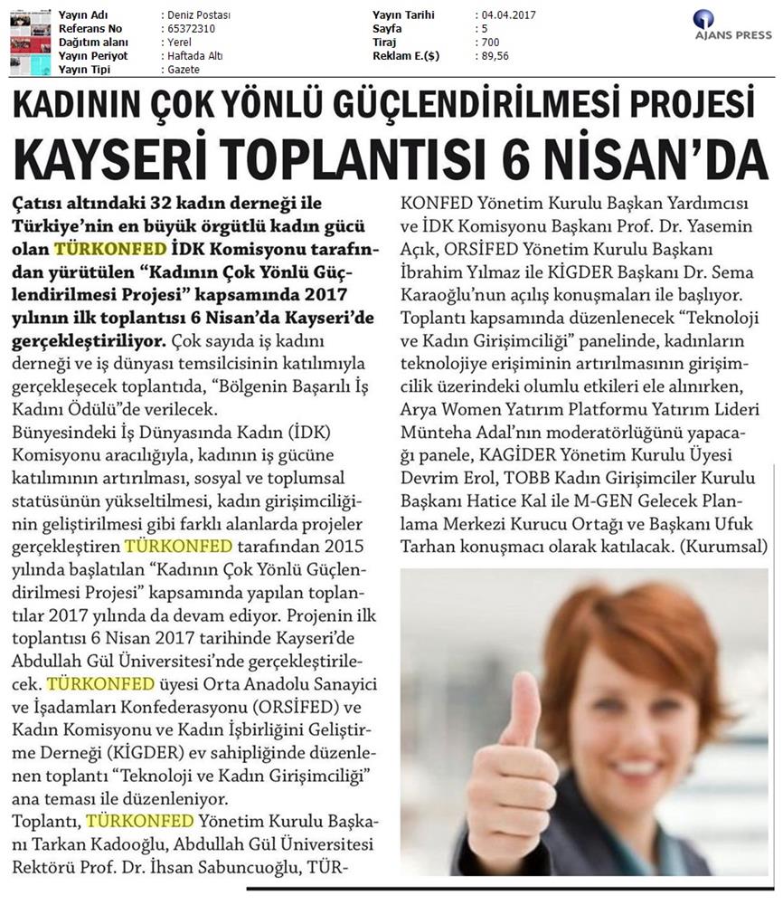TÜRKONFED İDK Kadinin Cok Yonlu Guclendirilmesi Projesi Kayseri Toplantısı Medya Yansimalari 2 8 9 Nisan 2017 - 22