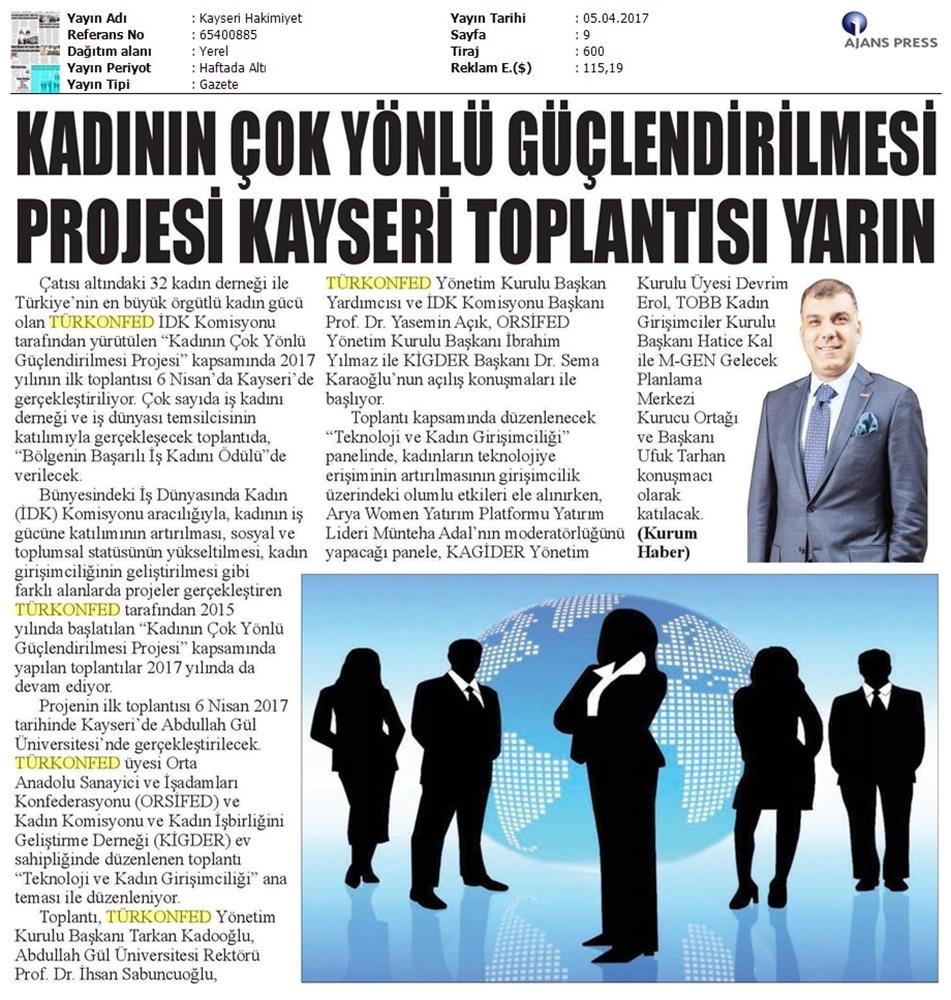TÜRKONFED İDK Kadinin Cok Yonlu Guclendirilmesi Projesi Kayseri Toplantısı Medya Yansimalari 2 8 9 Nisan 2017 - 23