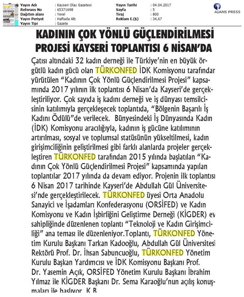 TÜRKONFED İDK Kadinin Cok Yonlu Guclendirilmesi Projesi Kayseri Toplantısı Medya Yansimalari 2 8 9 Nisan 2017 - 33