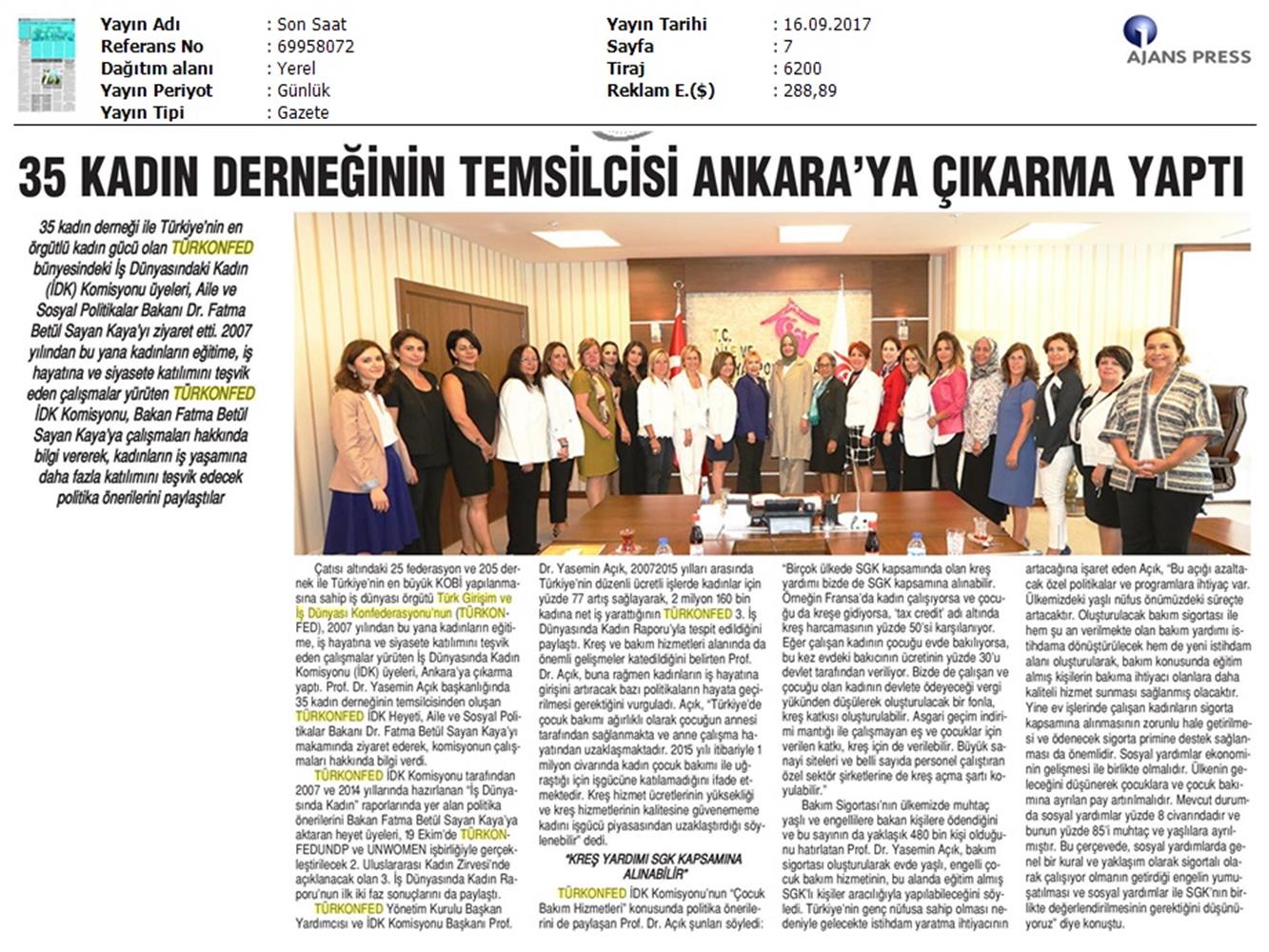 TÜRKONFED İDK Komisyonu Aile Bakani Ziyareti Medya Yansimalari 15 17 Eylul 2017 - 10