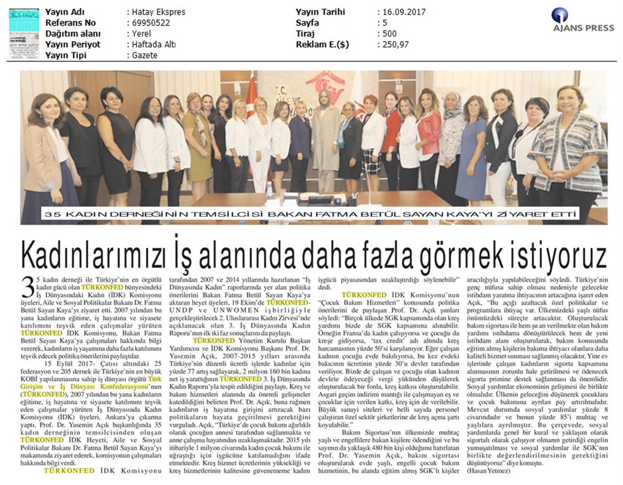 TÜRKONFED İDK Komisyonu Aile Bakani Ziyareti Medya Yansimalari 15 17 Eylul 2017 - 12