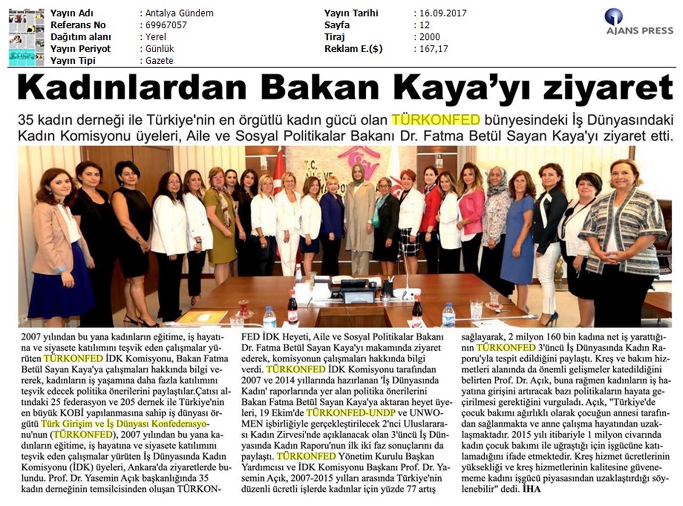 TÜRKONFED İDK Komisyonu Aile Bakani Ziyareti Medya Yansimalari 15 17 Eylul 2017 - 14