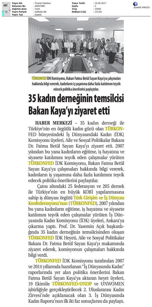 TÜRKONFED İDK Komisyonu Aile Bakani Ziyareti Medya Yansimalari 15 17 Eylul 2017 - 16