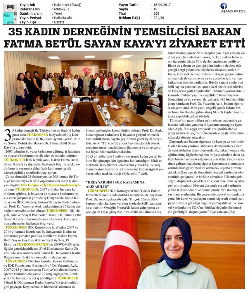 TÜRKONFED İDK Komisyonu Aile Bakani Ziyareti Medya Yansimalari 15 17 Eylul 2017 - 18