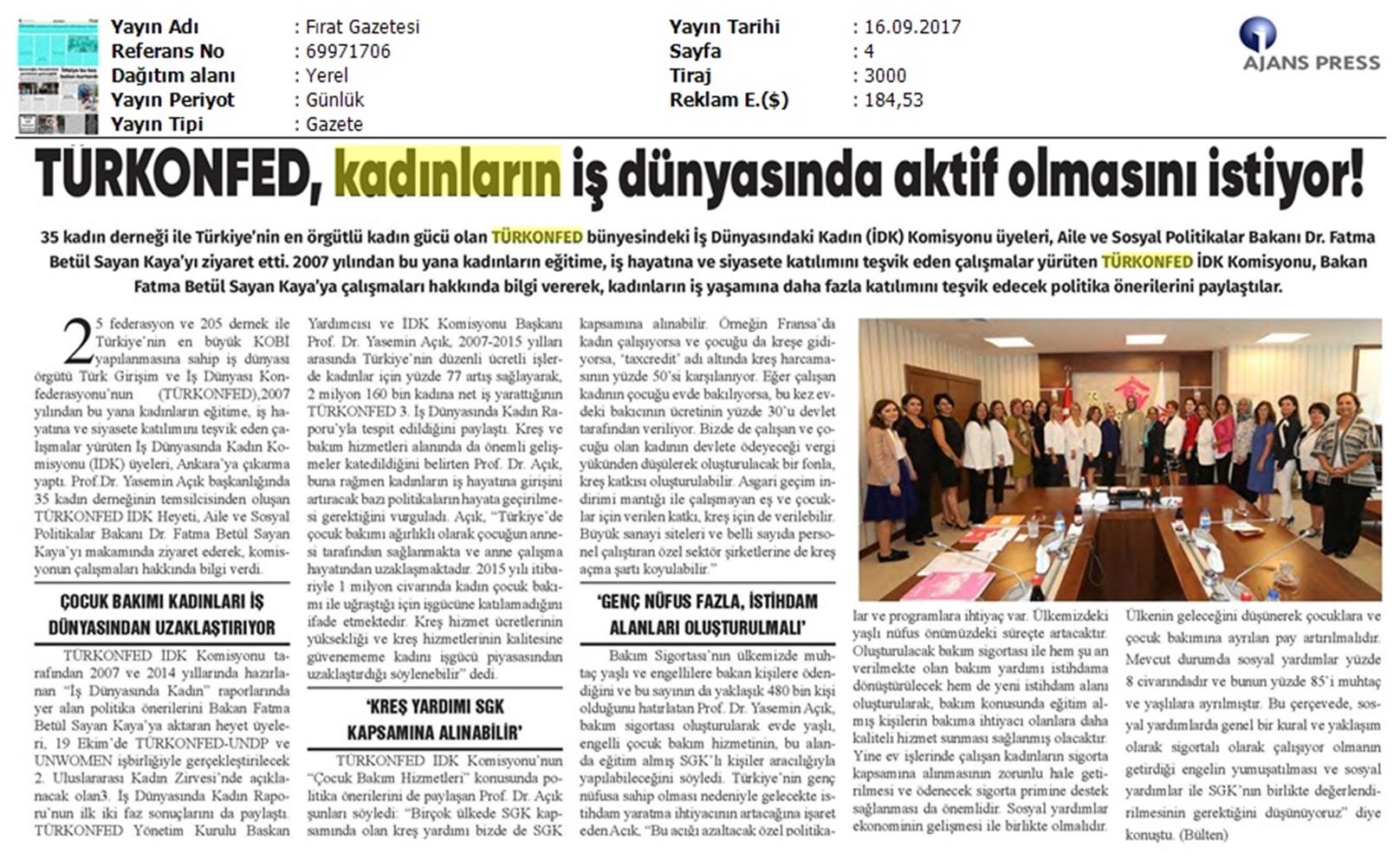 TÜRKONFED İDK Komisyonu Aile Bakani Ziyareti Medya Yansimalari 15 17 Eylul 2017 - 26