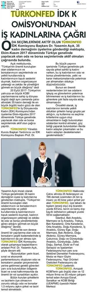 TÜRKONFED Idkdan Is Kadinlarina Cagri Basin Bulteni Medya Yansimalari 21 Eylul 2017 Istanbul - 11